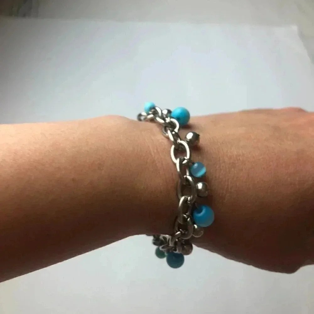 Blue Moonstone Beaded Bracelet Silver Cable Link 7-3/4" - Picture 2 of 5